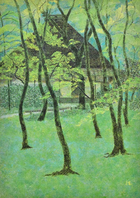 勝田幸男「新緑祇王寺(京都)」粒画 作品全体拡大画像