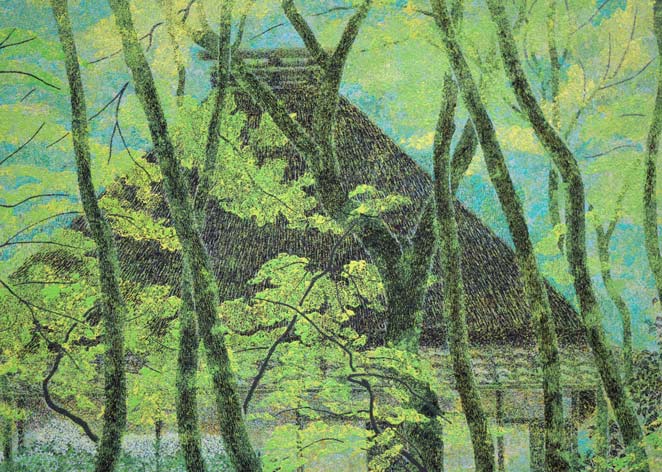 勝田幸男「新緑祇王寺(京都)」粒画 拡大画像1