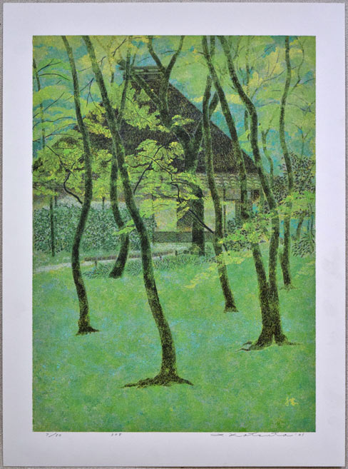 勝田幸男「新緑祇王寺(京都)」粒画 作品シート全体画像