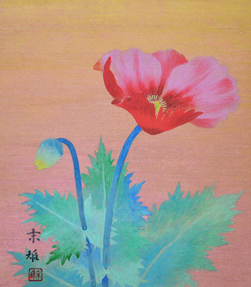 川本末雄「芥子の花」日本画・色紙 拡大部分