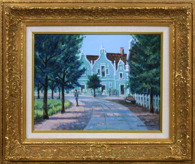 川村正男「青い家並」油絵・F6号