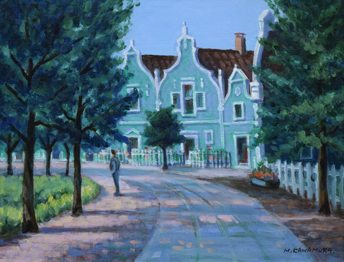 川村正男「青い家並」油絵・F6号 作品全体拡大画像