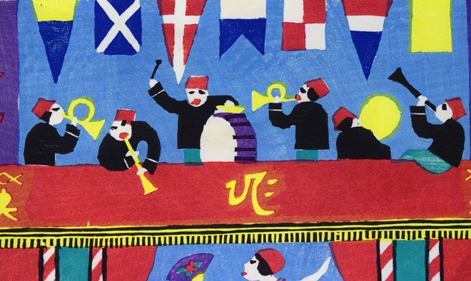 川西英「曲馬団」木版画 拡大画像1