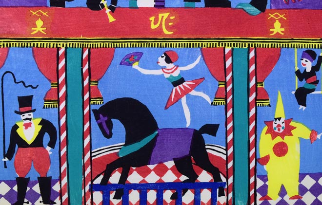 川西英「曲馬団」木版画 拡大画像2