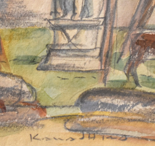 川島理一郎「中国風景」水彩画 サイン部分