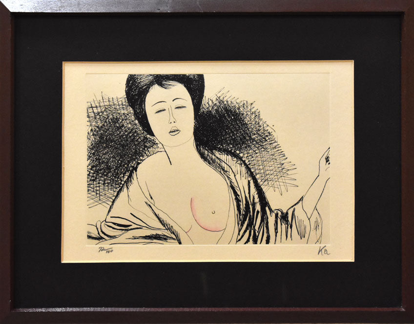 アンティーク美人画 直筆 (帽子)木製額縁 - 絵画