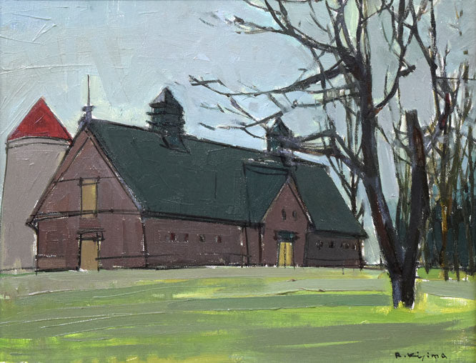 木嶋良治「サイロのある風景」油絵・F6号 作品全体拡大画像