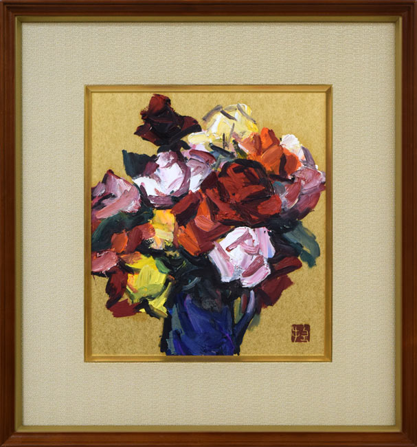 格安新品F-977 油絵/絵画　薔薇/バラ　G.WATANABE 油彩画　額サイズ ヨコ49cm タテ40cm 静物画