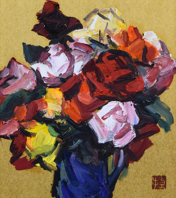 木村捷司「薔薇」油絵・色紙 作品全体拡大画像