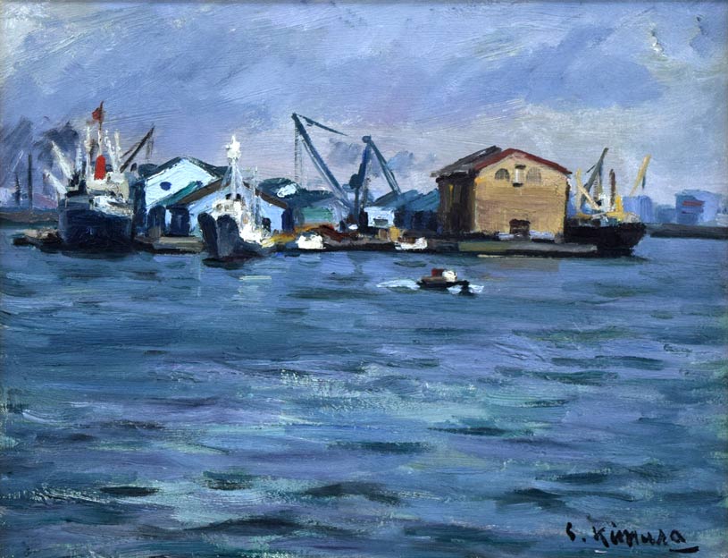木村捷司「釧路の港」油絵・F6号 作品全体拡大画像