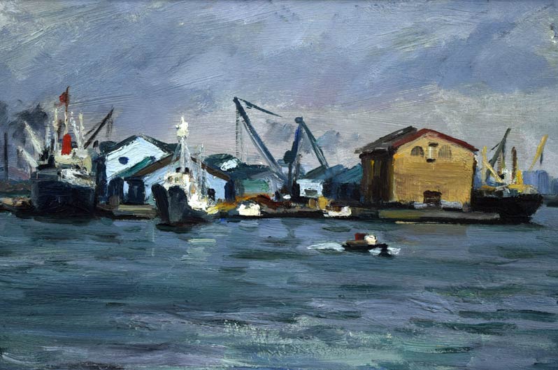 木村捷司「釧路の港」油絵・F6号 拡大画像1