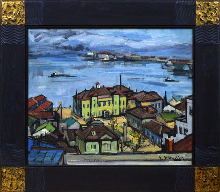 木村捷司「基坂風景(函病「市立函館病院」屋上より)」油絵・F8号