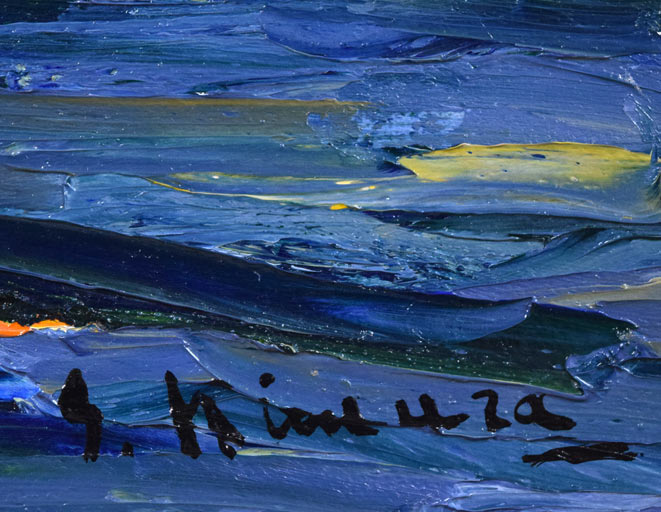 木村捷司「北洋の晴れ間(おしょろ丸にて)」油絵・F6号 サイン拡大画像