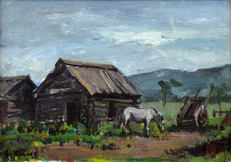 木村捷司「豊原旧市街にて(樺太)」油絵・F4号 作品全体画像