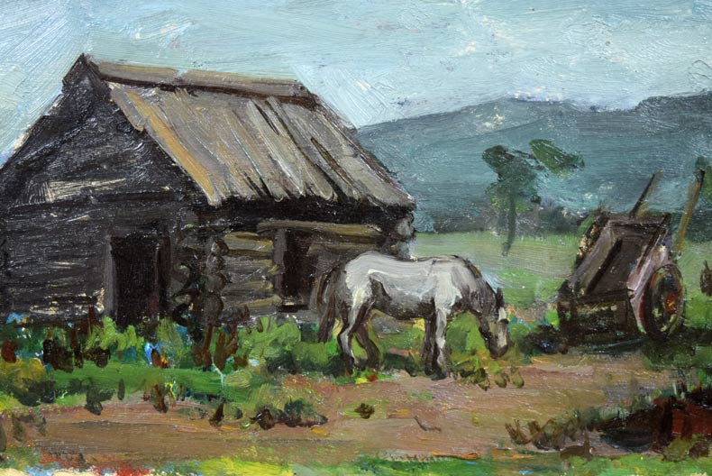 木村捷司「豊原旧市街にて(樺太)」油絵・F4号 ボード裏側部分