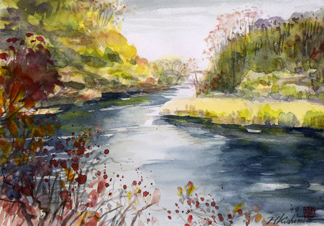 岸本裕躬「千歳川晩秋」水彩画・4号 作品全体画像