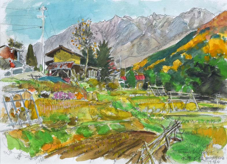 北岡文雄「木曽上町より木曽駒ヶ岳を望む」水彩画 拡大部分