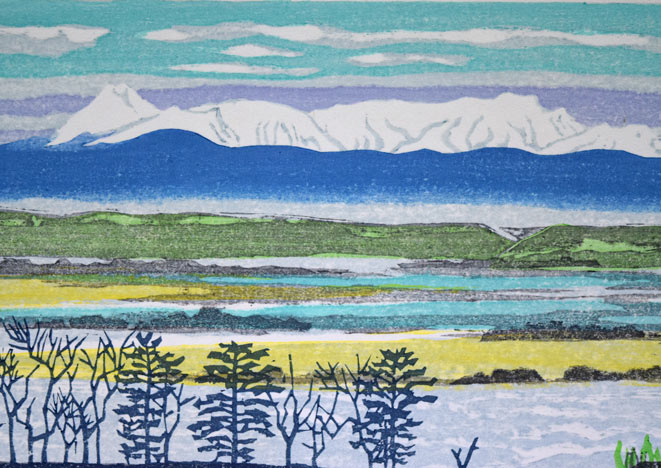 北岡文雄「草萌ゆる湿原」木版画 拡大画像1