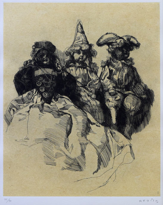 小磯良平「三体の人形」銅版画 作品全体拡大画像