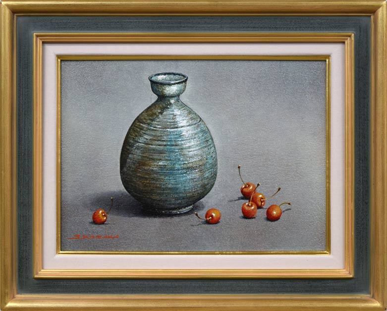 小阪正次「竹田焼とサクランボ」油絵・F4号・1980年作