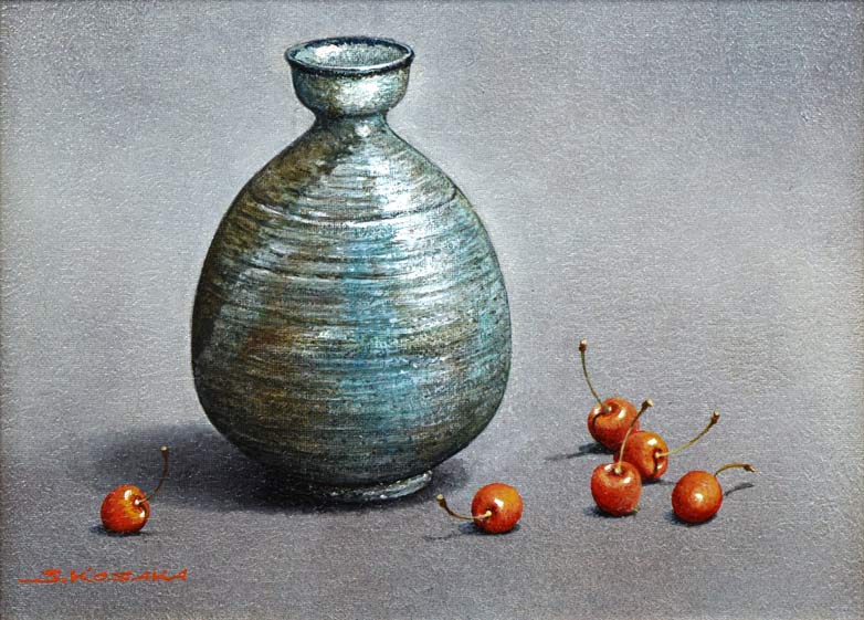 小阪正次「竹田焼とサクランボ」油絵・F4号・1980年作 全体拡大部分