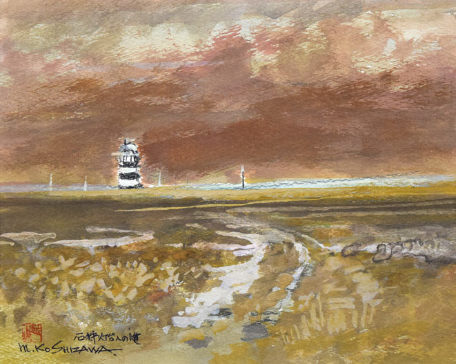 越澤満「石狩灯台への道」水彩画 作品全体拡大画像