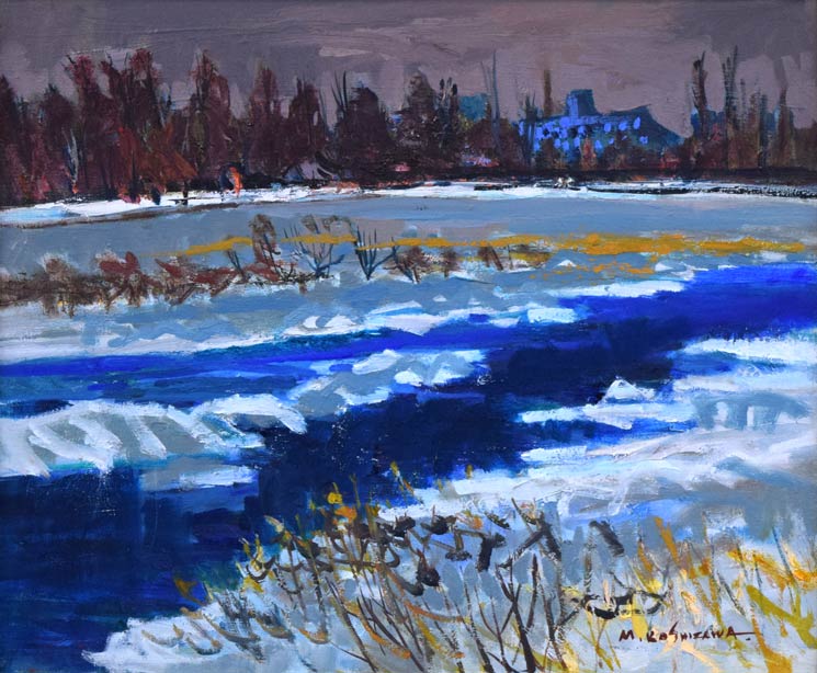 越澤 満「雪の豊平川(札幌)」油絵・F8号 作品全体拡大画像