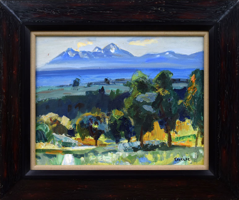 小竹義夫「網走の丘と知床半島」油絵・F6号