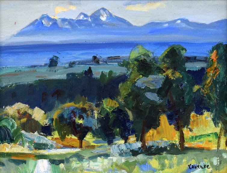 小竹義夫「網走の丘と知床半島」油絵・F6号 作品全体拡大画像