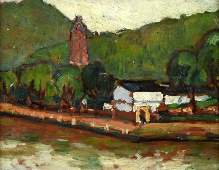 工藤三郎「雷峯塔(杭州西湖)」油絵・F3号 拡大部分