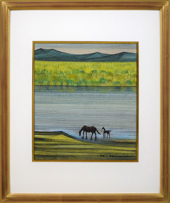 国井澄「水辺早春」水彩画・色紙額装