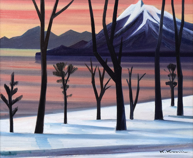 国井澄「支笏湖の冬朝(恵庭岳)」油絵・F8号 作品全体画像