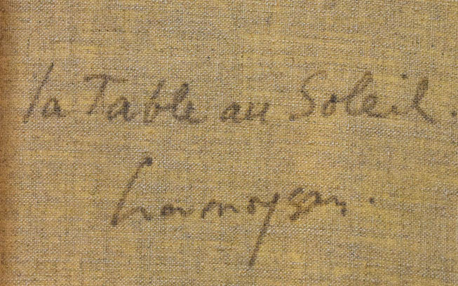 マルセル・クラモアザン「陽のあたるテーブル」油絵・仏F10号 裏書き拡大画像4