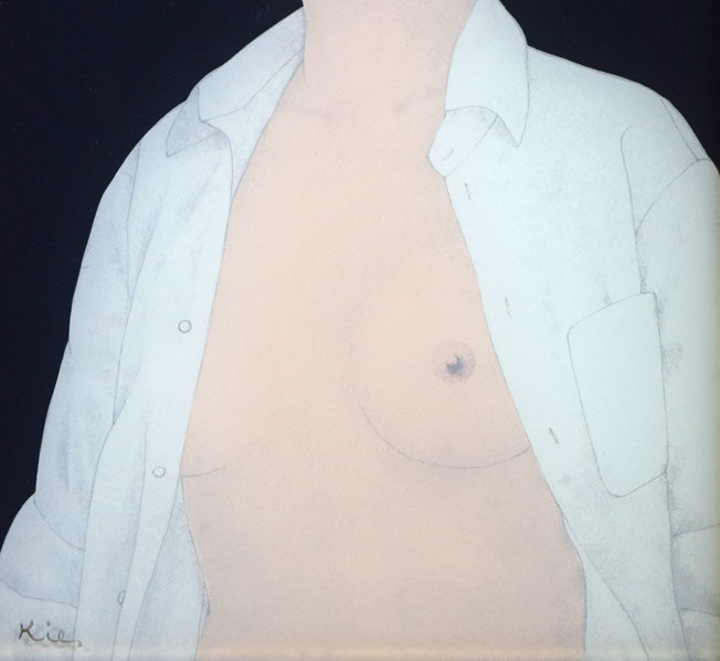 栗原喜依子「花飾りの帽子」ガラス絵版画 拡大画像2