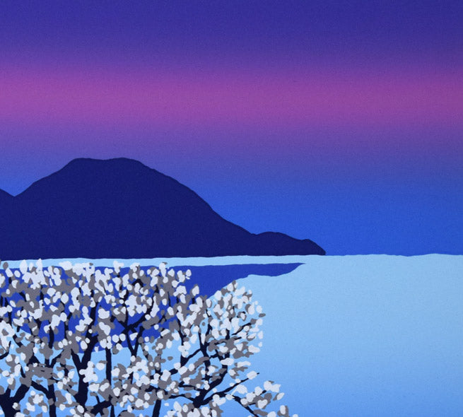 栗谷川健一「こぶし咲く湖(洞爺湖)」シルクスクリーン版画 拡大画像3