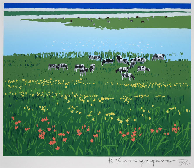 栗谷川健一「水ぬるむ頃(濤沸湖・小清水原生花園)」シルクスクリーン版画 作品全体拡大画像