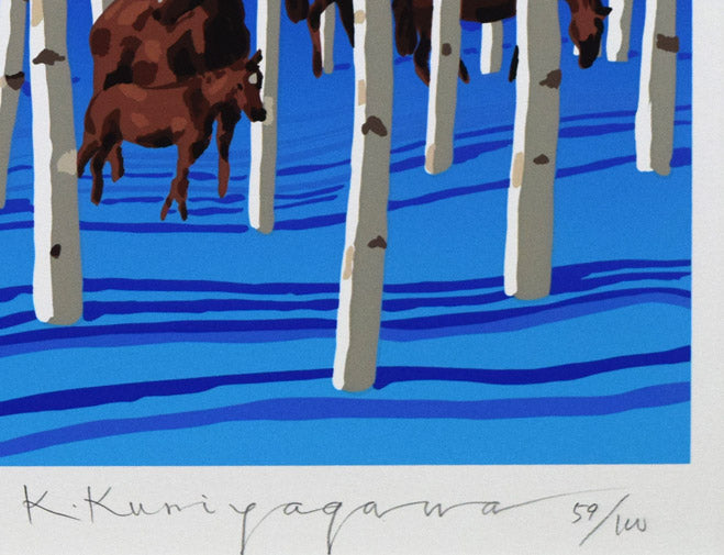 栗谷川健一「白樺の林（三月）」シルクスクリーン版画　本人直筆鉛筆サイン、限定番号（イメージ画像の為、変わる場合があります）