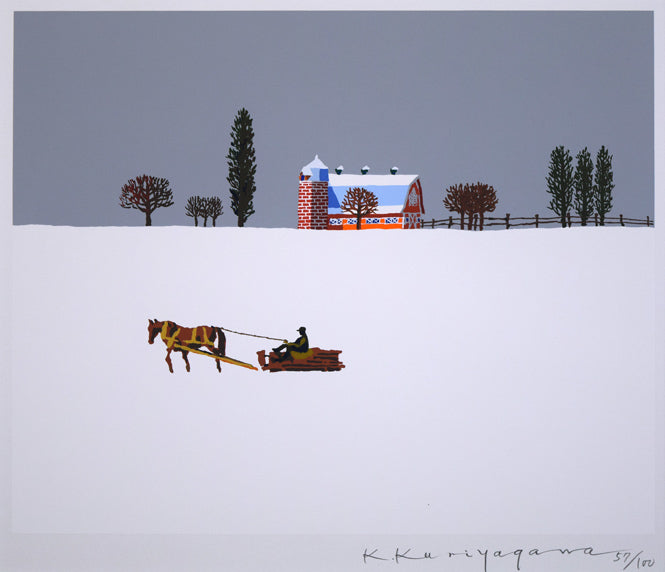 栗谷川健一「鈴の音がゆく(牧舎)」版画 作品全体拡大画像