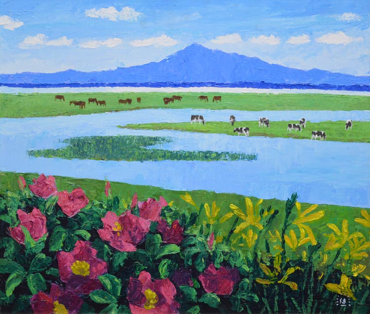 栗谷川健一「涛沸湖の初夏(北海道)」油絵・F10号 拡大部分1