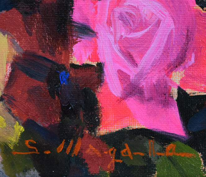 真柄修一「薔薇」油絵・F3号 サイン拡大画像