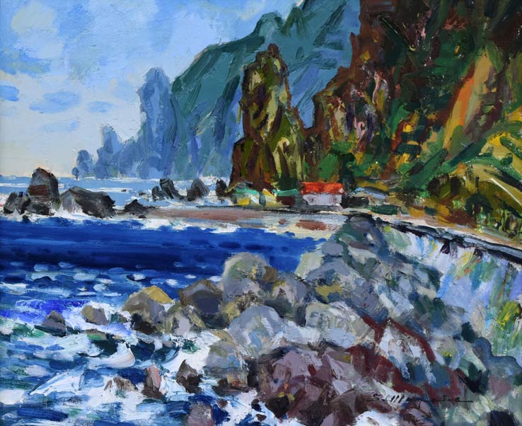 真柄 修一「川白の海岸(後志地方神恵内村)」油絵・F8号 作品全体拡大部分