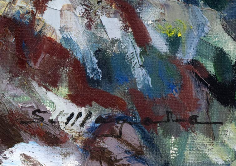 真柄 修一「川白の海岸(後志地方神恵内村)」油絵・F8号 サイン部分