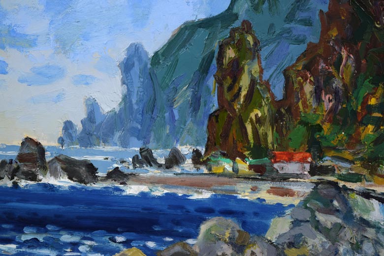 真柄 修一「川白の海岸(後志地方神恵内村)」油絵・F8号 拡大部分1