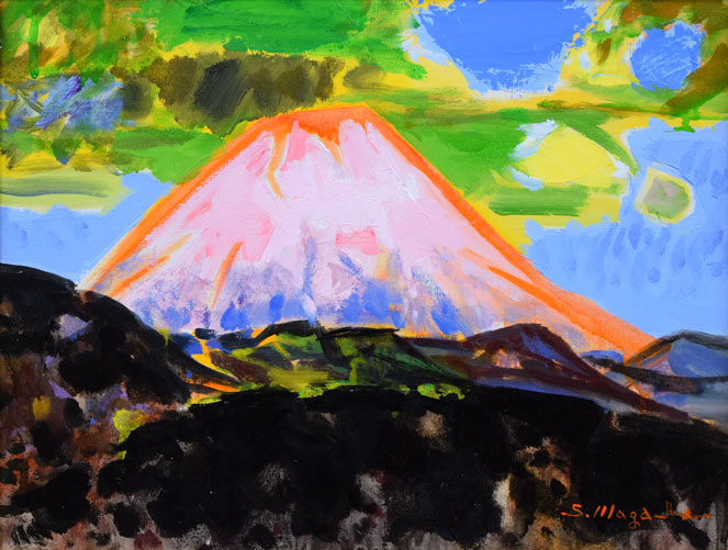 真柄修一「朝やけの羊蹄山」油絵・F6号　作品全体拡大画像
