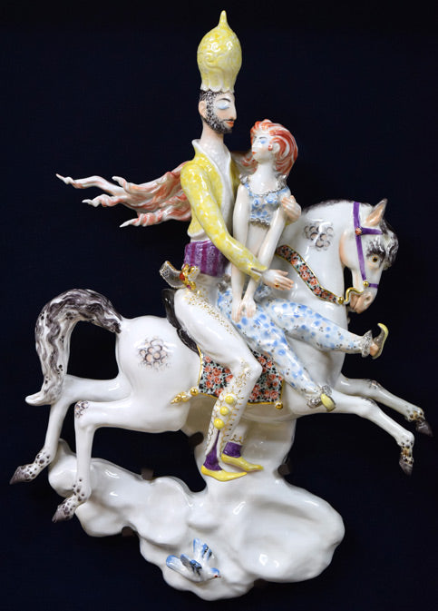 ハインツ ヴェルナー(HEINZ WERNER)「馬上のふたり(アラビアンナイト)マイセン磁器(MEISSEN)」立体陶板画額装 作品全体画像