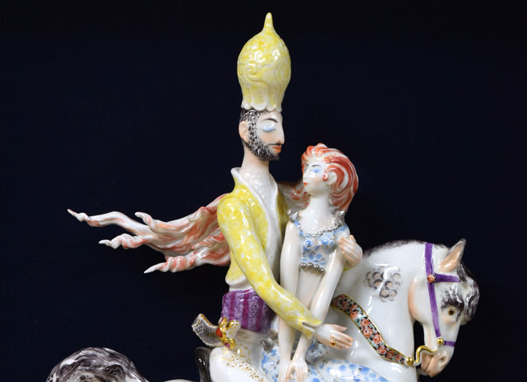 ハインツ ヴェルナー(HEINZ WERNER)「馬上のふたり(アラビアンナイト)マイセン磁器(MEISSEN)」立体陶板画額装 拡大画像1