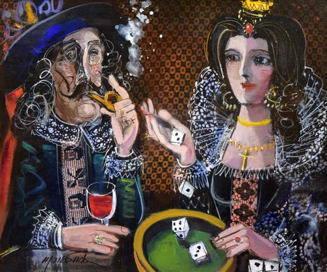 増田誠「ダイスをする王と王妃」油絵・仏F10号 作品全体拡大画像