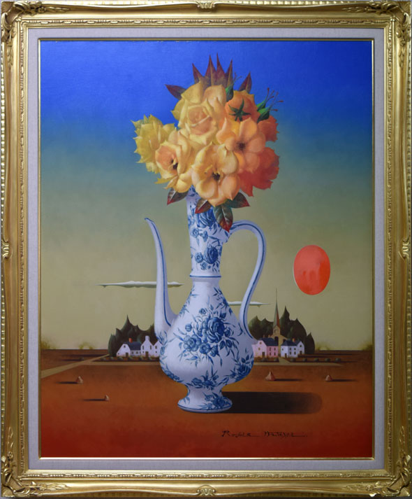 松樹路人「花と村落」油絵・F30号