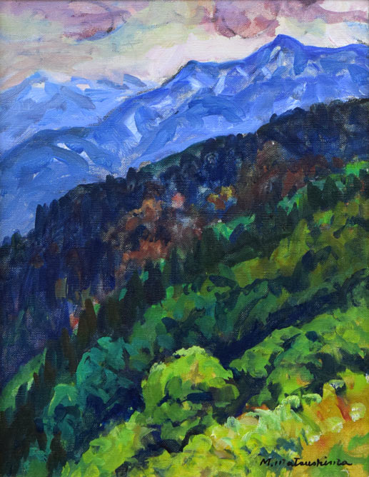 松島正幸「新緑の山（越後湯沢）」油絵・F6号　作品全体拡大部分