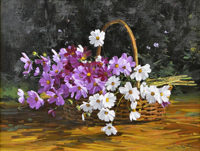 三栖 右嗣「コスモス」油絵・P10号 全体拡大部分